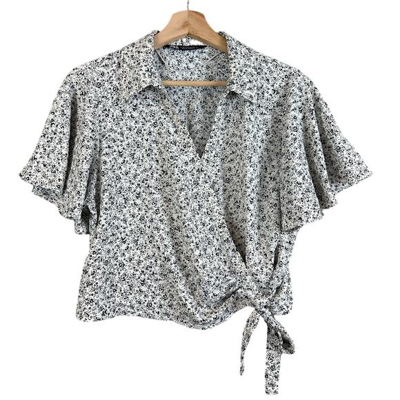 Zara White Blue Floral Crop Wrap Blouse Top Side Tie Flutter Sleeve M Medium - Picture 2 of 10